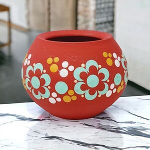 Small Vintage Ceramic Candle Holder Hand Painted Flowers